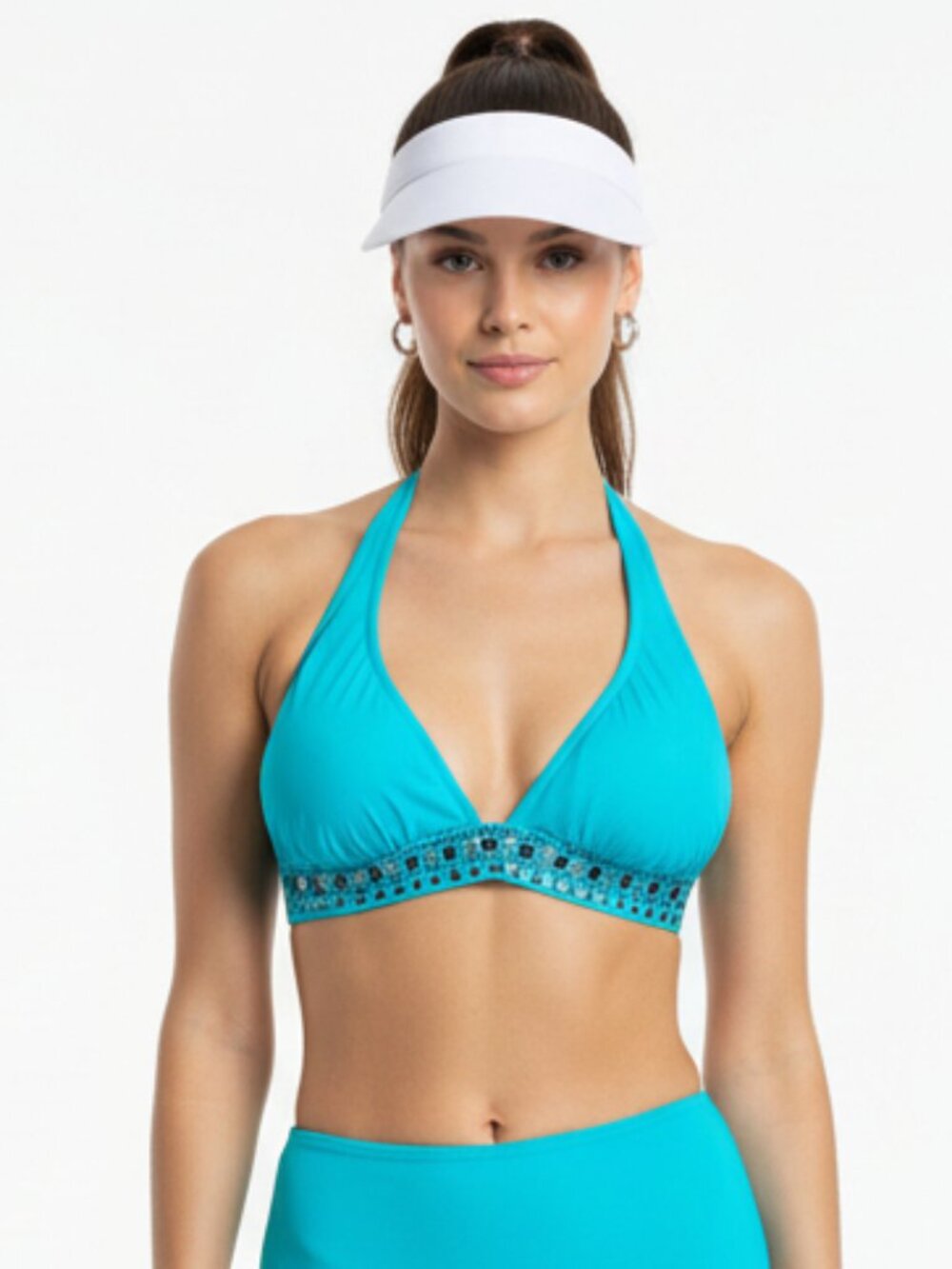 Venus Aqua Blue Silver Metal Trim Bikini Bathing Swim Suit Halter Top DD